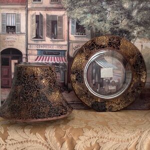 Yankee Candle Mosaic Glass Shade & Matching Tray – Bronze Brown Crackle